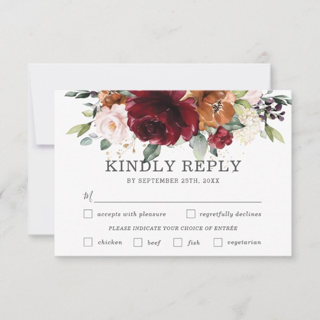 Chic Burgundy Floral Weding RSVP Card (Frente)