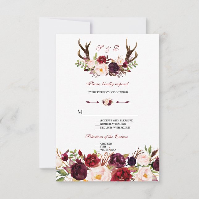 Chic Burgundy Marsala Floral Antlers Casando RSVP (Frente)