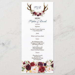 Chic Burgundy Marsala Floral Antlers Menu de Casam