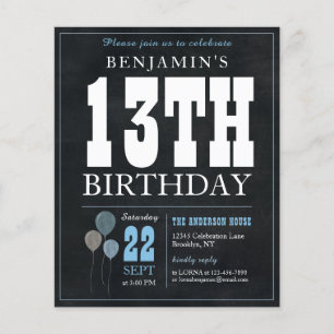 Chic Chalkboard Blue Balloon 13 Birthday