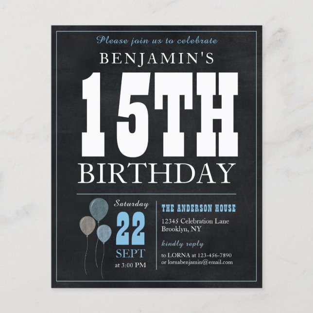 Chic Chalkboard Blue Balloon 15 Birthday (Frente)