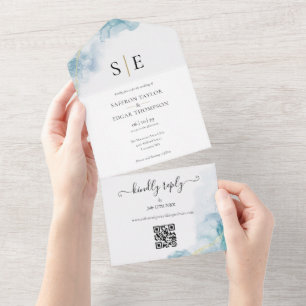 Chic Código QR Monograma Casamento Aquarela Azul