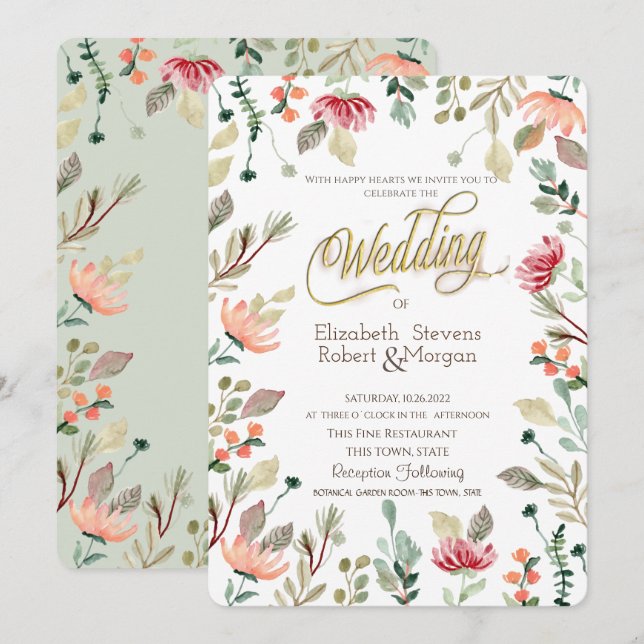Chic Convite de Casamento com Flores Silvestres    (Frente/Verso)