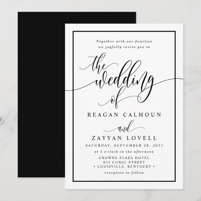 Chic Convite de Casamento em Preto e Branco com Ca (Frente/Verso)