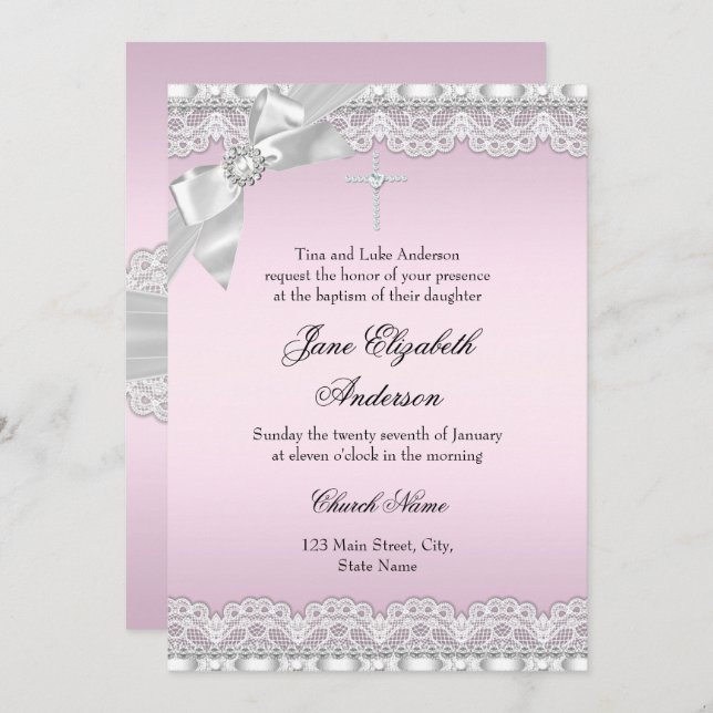 Chic Diamond Lace Pink Baptism Convite (Frente/Verso)