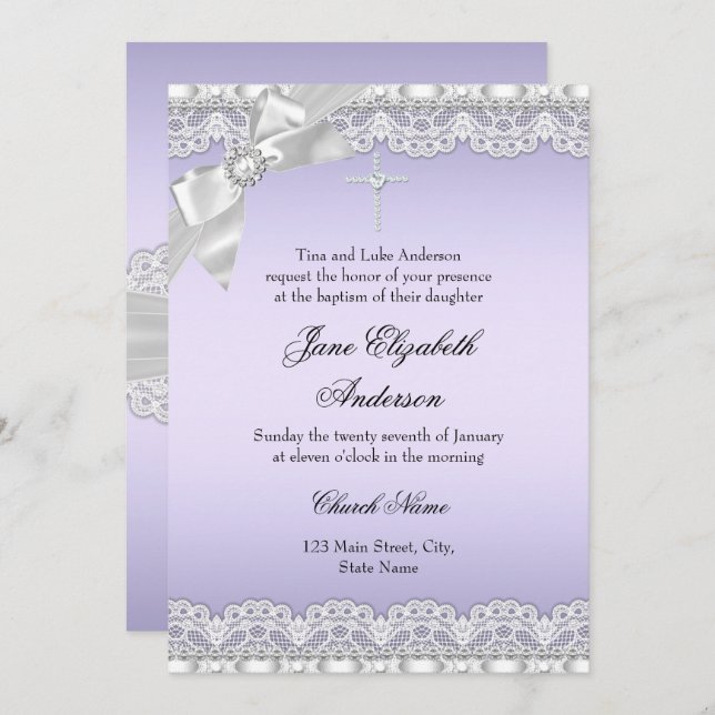 Chic Diamond Lace Roxo Baptism Convite (Frente/Verso)