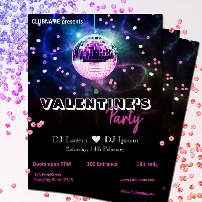 Chic Disco Ball Modern Valentine's Day Party Flyer (Criador carregado)