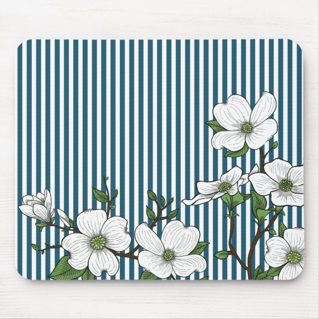 Chic Dogwood Blossoms & Stripes Mouse Pad (Frente)