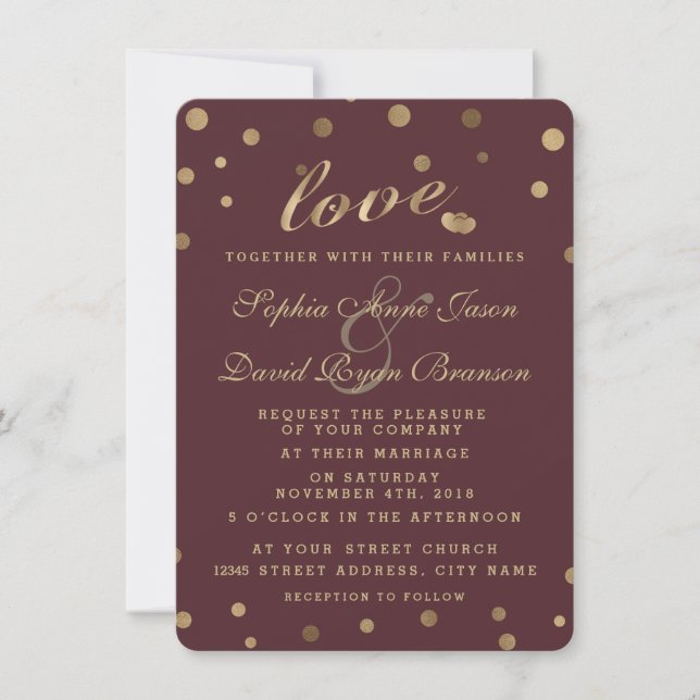 Chic Dourado Confetti Love Burgundy Convite de cas (Frente)