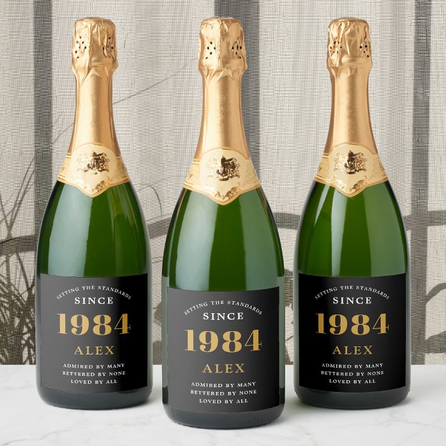 Chic Dourado Elegante Preto do Nome do aniversário (1984 Vintage 40th Birthday Black & Gold Elegant champagne Label.)