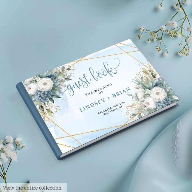 Chic Dusty Blue Dourado Livro Floral de Convidado (Chic Dusty Blue White Gold Floral Guest Book)