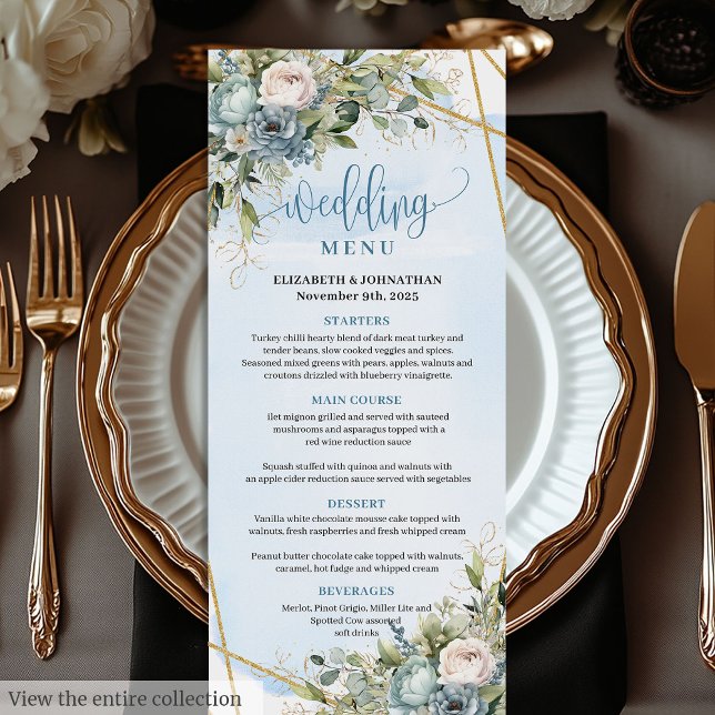 Chic Dusty Blue Flowers White Dourado Menu Casamen (Chic Dusty Blue Flowers White Gold Wedding Menu

)