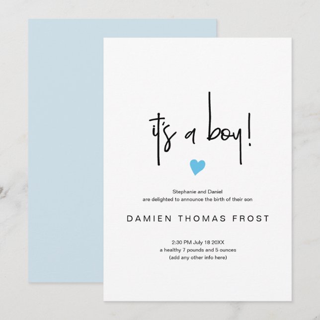 Chic, é um garoto, anúncio de nascimento, minúscul (Frente/Verso)