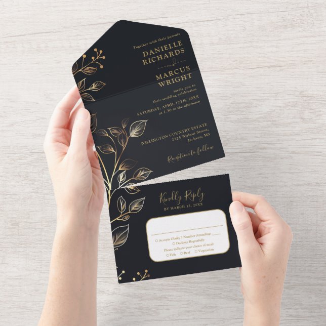 Chic Elegante Floral Dourado Casamento  (Aba destacável)