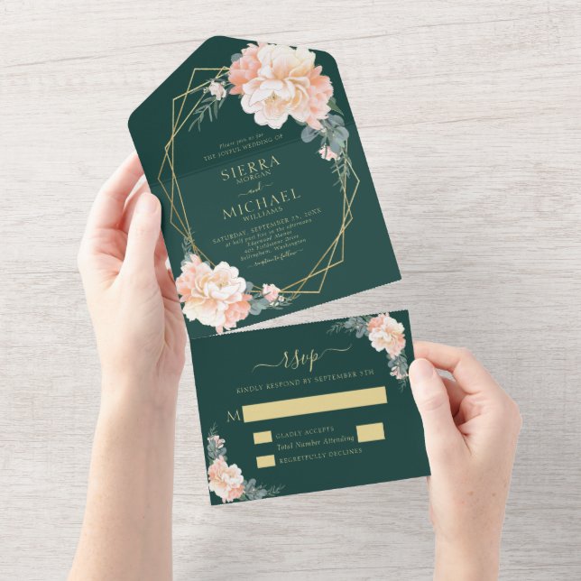Chic Emerald Green Blush Dourado Casamento Floral  (Aba destacável)
