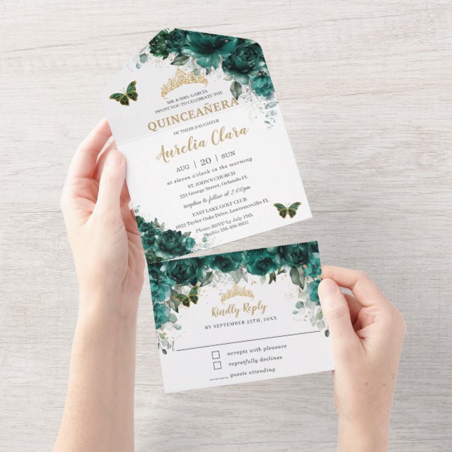Chic Emerald Green - Quinceanera Floral (Aba destacável)