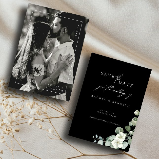 Chic Eucalyptus Black & White Photo Save the Date  (Criador carregado)