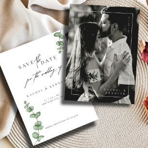 Chic Eucalyptus Black & White Photo Save the Date 