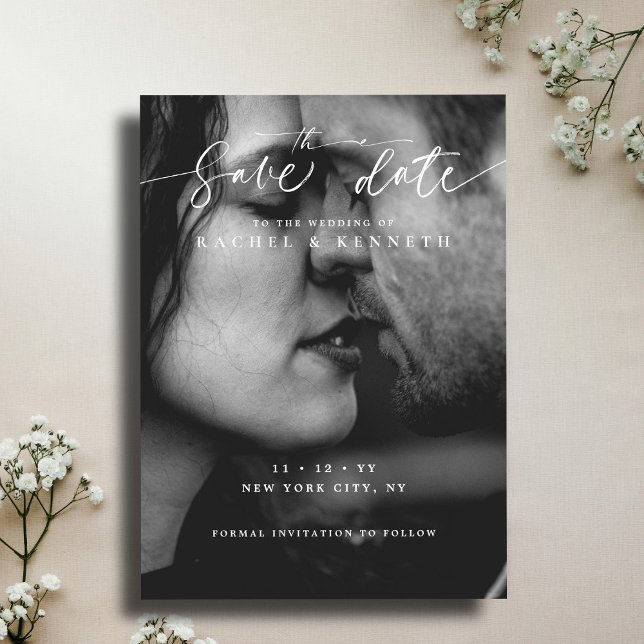 Chic Eucalyptus Black & White Photo Save the Date  (Criador carregado)