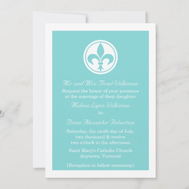 Chic Fleur De Lis Convite de casamento, Aqua (Frente)