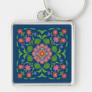 Chic Floral Rangoli na Deep Blue Square Chaveiro
