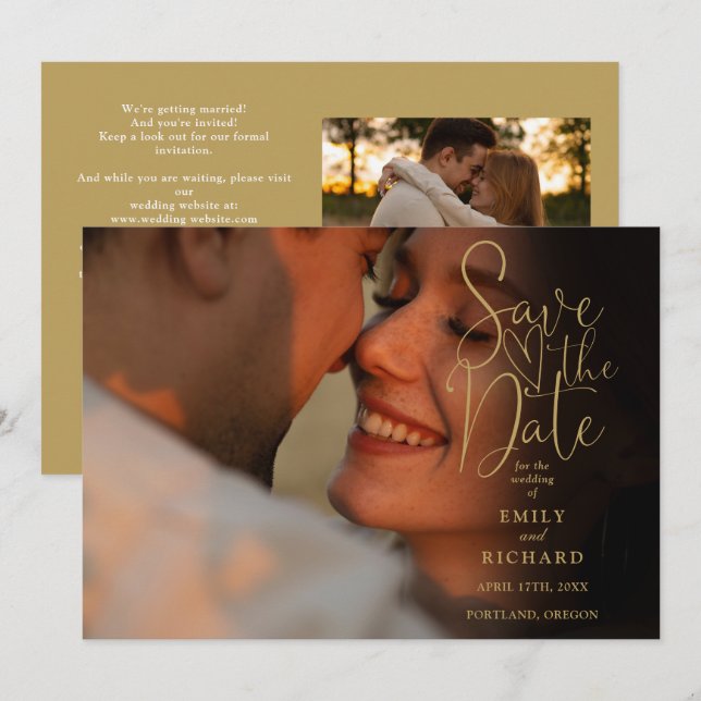 Chic Gold 2 Foto Elegante Cursive Convite de Casam (Frente/Verso)