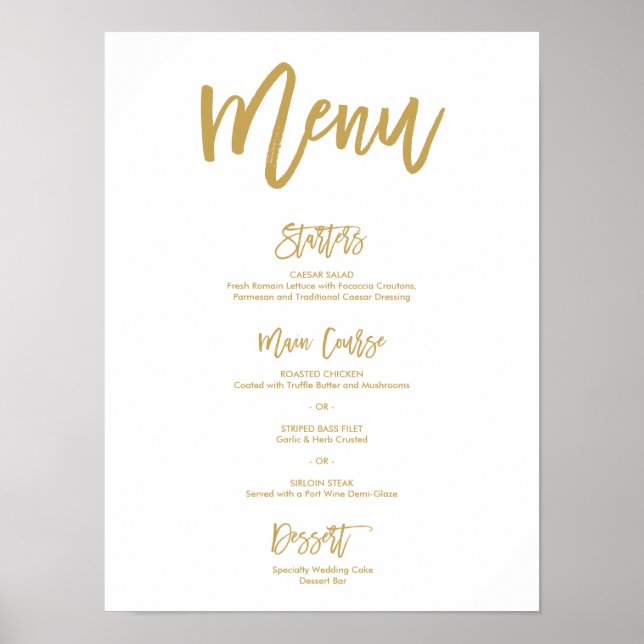 Chic Hand - Letra Dourada Wedding Menu Poster (Frente)