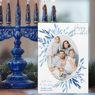 Chic Happy Hanukkah Família Foto Blue Magnet Card