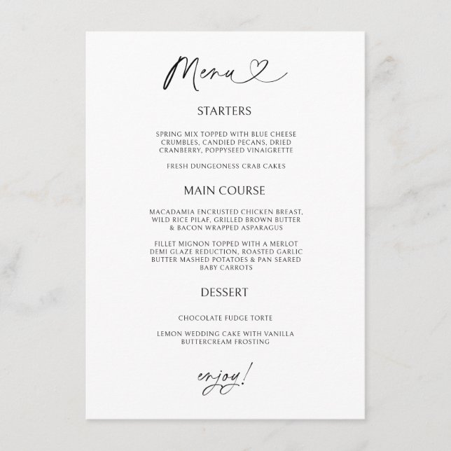 Chic Heart Menu Card Minimal Reception Dining (Frente)