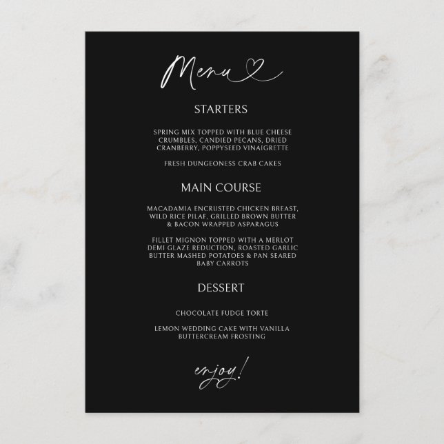 Chic Heart Menu Card Minimal Reception Dining (Frente)