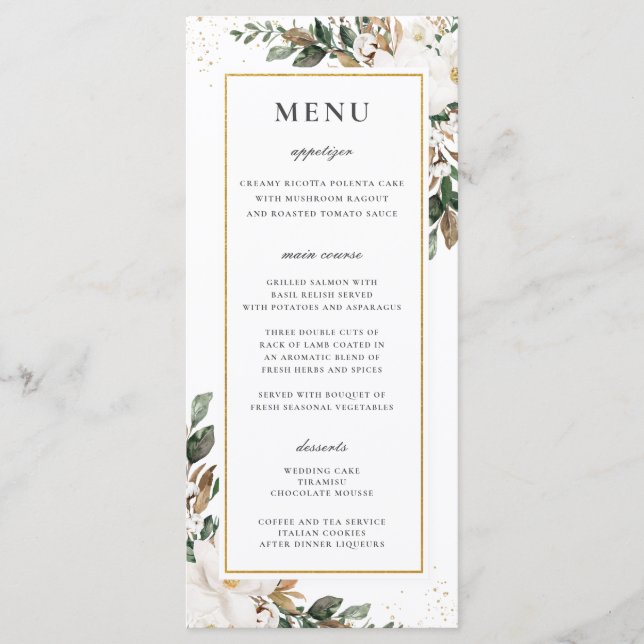 Chic Ivory Magnolia Floral Greenery Menu Casamento (Frente)