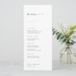 Chic   Menu Simples de Casamento de Script Moderno<br><div class="desc">Esses menus simples e modernos serão o complemento perfeito para as configurações de lugar na sua recepção! O cabeçalho de script manuscrito emparelhado com fontes serif e sans-serif dá a esses menus uma aparência clássica e limpa. Personalize os menus com os itens do menu de casamento e o nome do...</div>