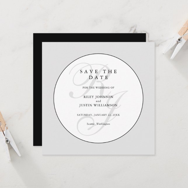 Chic Monograma Preto e Branco Save the Date (Frente/Verso In Situ)