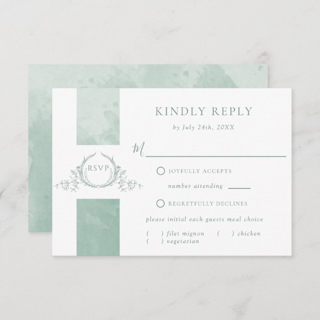 Chic Pale Green Watercolor Monograma RSVP (Frente/Verso)