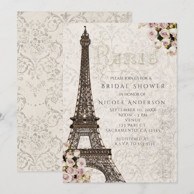 Chic Paris Torre Eiffel & Rosas Convite Elegante (Frente/Verso)