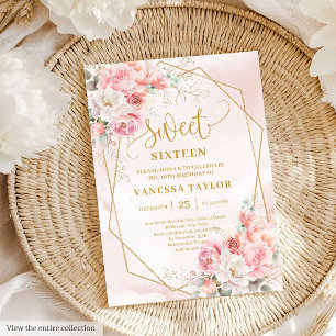 Chic Pastel Pink Dourado Peonies Doce 16 Convite