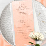 Chic Peach Watercolor, Menu Monograma de Casamento<br><div class="desc">Aprecie seus convidados com este belo menu de casamento cor d'água de pêssego, apresentando um elegante monograma botânico desenhado à mão com casais sobre um requintado fundo de lavagem com aquarela em uma bela mistura de pêssego, creme, coral e matizes laranja empoeirados. Fácil de preencher modelo com seus detalhes e...</div>