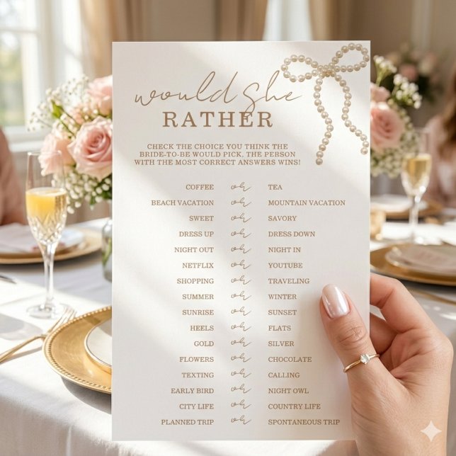Chic Pearl Bow Would She Rather Bridal Shower Game (Criador carregado)