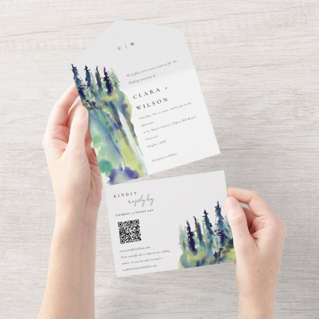 Chic Pine Tree Mountain Landscape Casamento QR Cod (Tearaway)