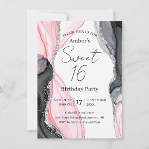 Chic Pink & Black Marble Sweet 16 Convite