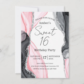 Chic Pink & Black Marble Sweet 16 Convite
