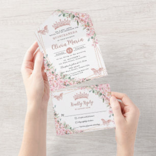 Chic Pink Cherry Blossomo Rosa Dourado Quinceañera