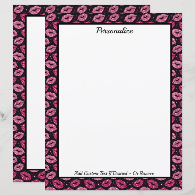 Chic Pink Glitter Lips on Black Personalized (Frente/Verso)
