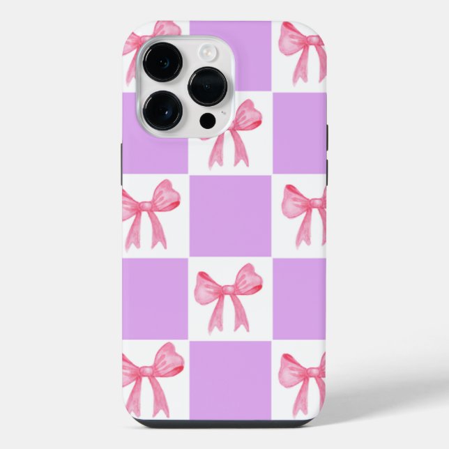 Chic Pink Ribbon Watercolor Checkered iPhone 13 Ca (Verso)