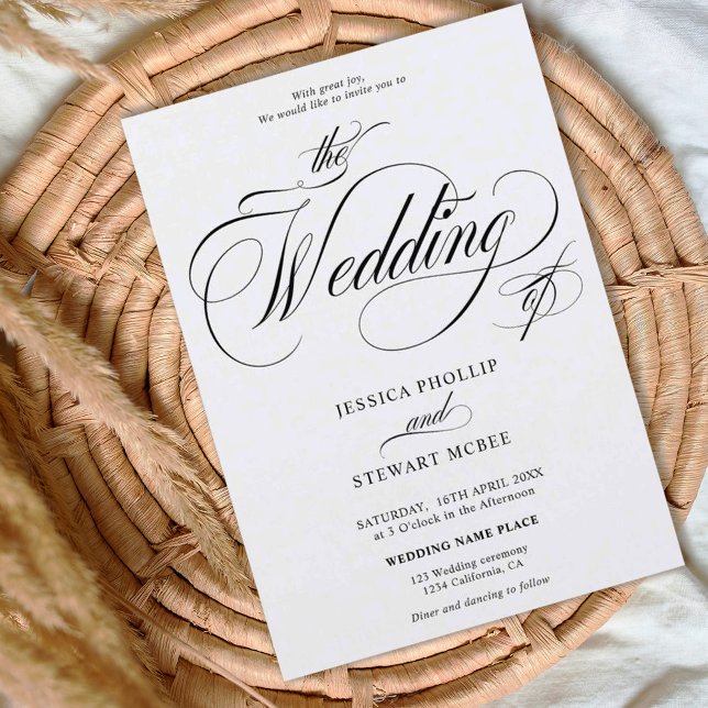 Chic preto branco tudo em um convite de casamento  (Chic black white all in one calligraphy wedding invitation)