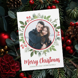 Chic Red Holly Christmas Wreath Magnet Card