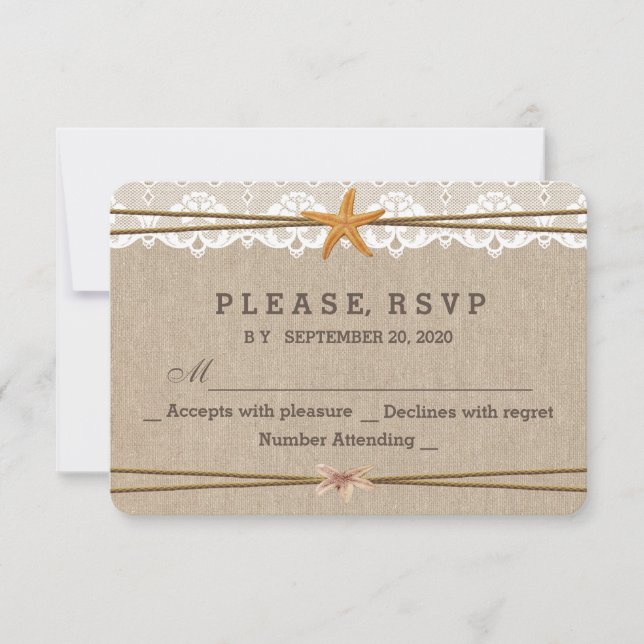Chic Rustic Beach Starfish Lace Weding RSVP (Frente)
