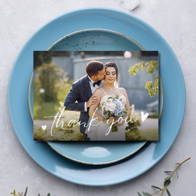 Chic Script Dois Fotos Casamento Agradecimento  (Chic Script Two Photo Wedding Thank You Card)