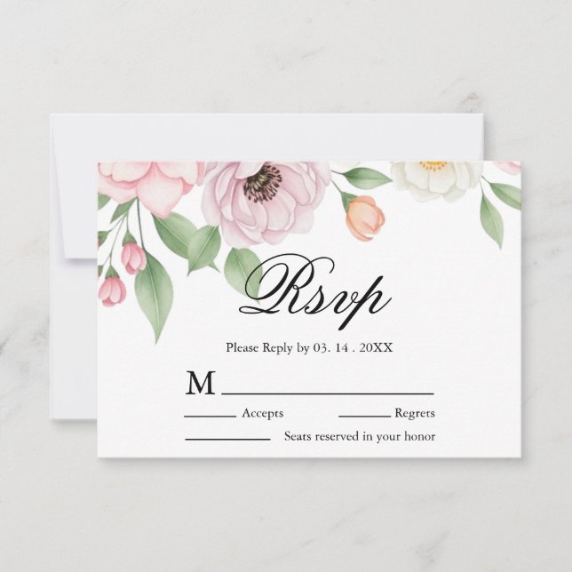 Chic Script Elegante Resposta de Casamento Peônia (Frente)
