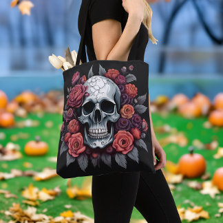 Chic Skull com Rosa Gótico Tote Bag Halloween